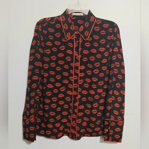 Alice + Olivia Black Blouse with Red Lip Motif